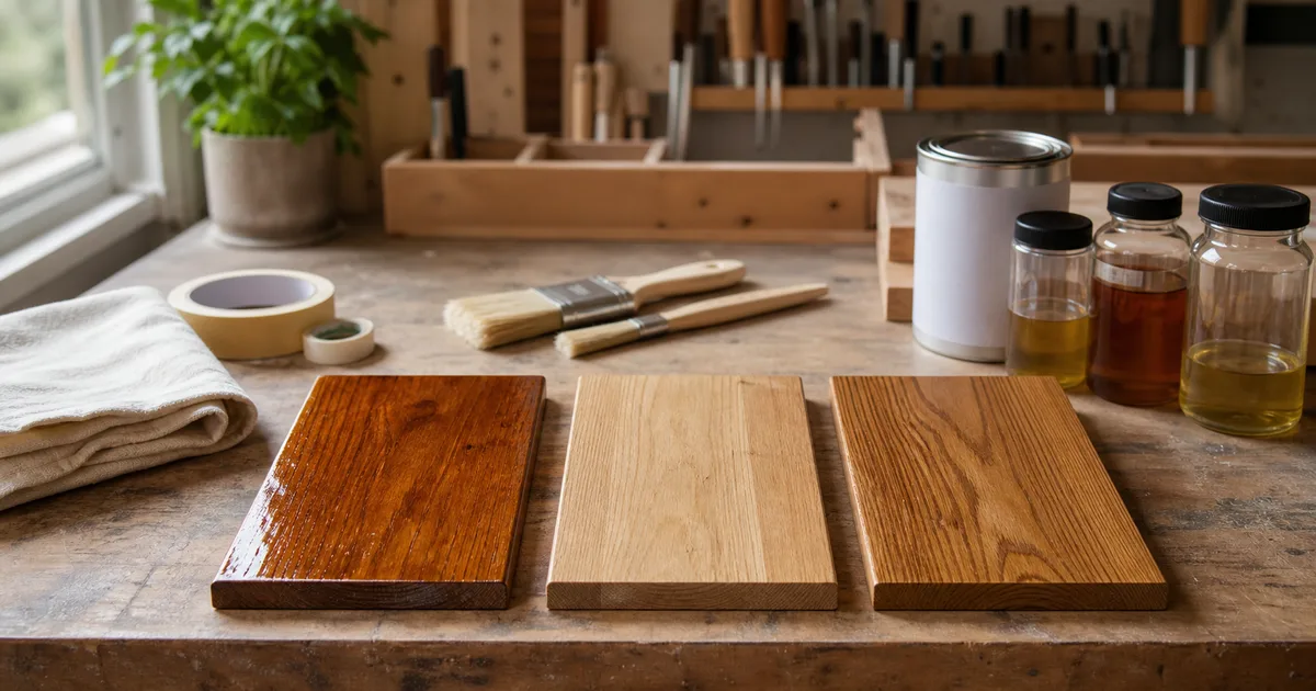 Muestras de madera con barniz, aceite y lasur sobre banco de carpinteria